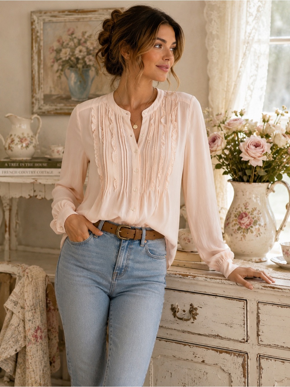 Sundance Pale Pink Pintuck Ruffle Button Front Blouse XS 100% Rayon Boho